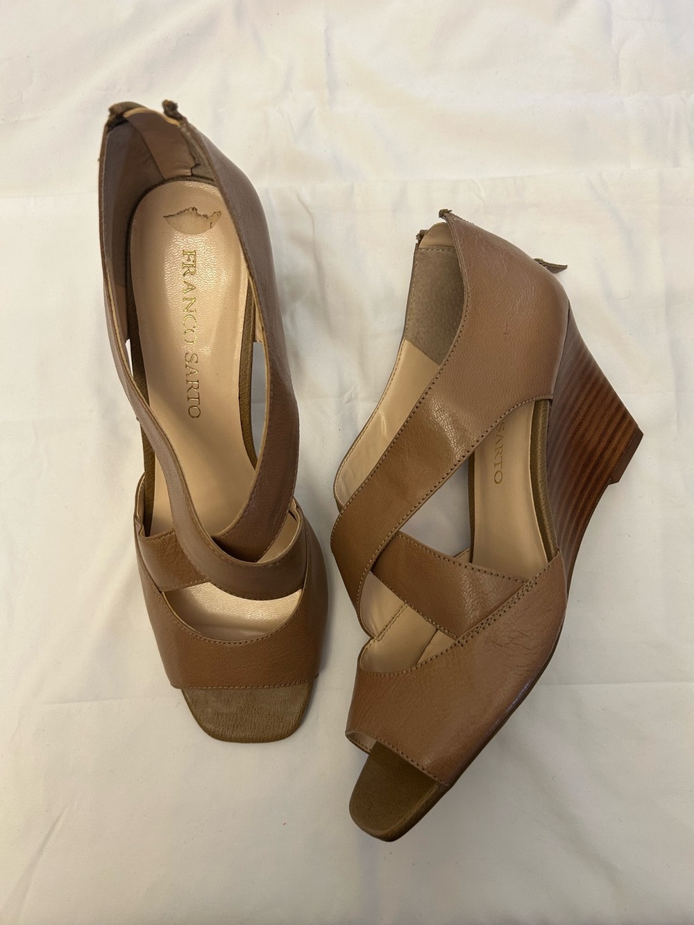 Franco Sarto Brown Leather Crisscross Wedge Sandals